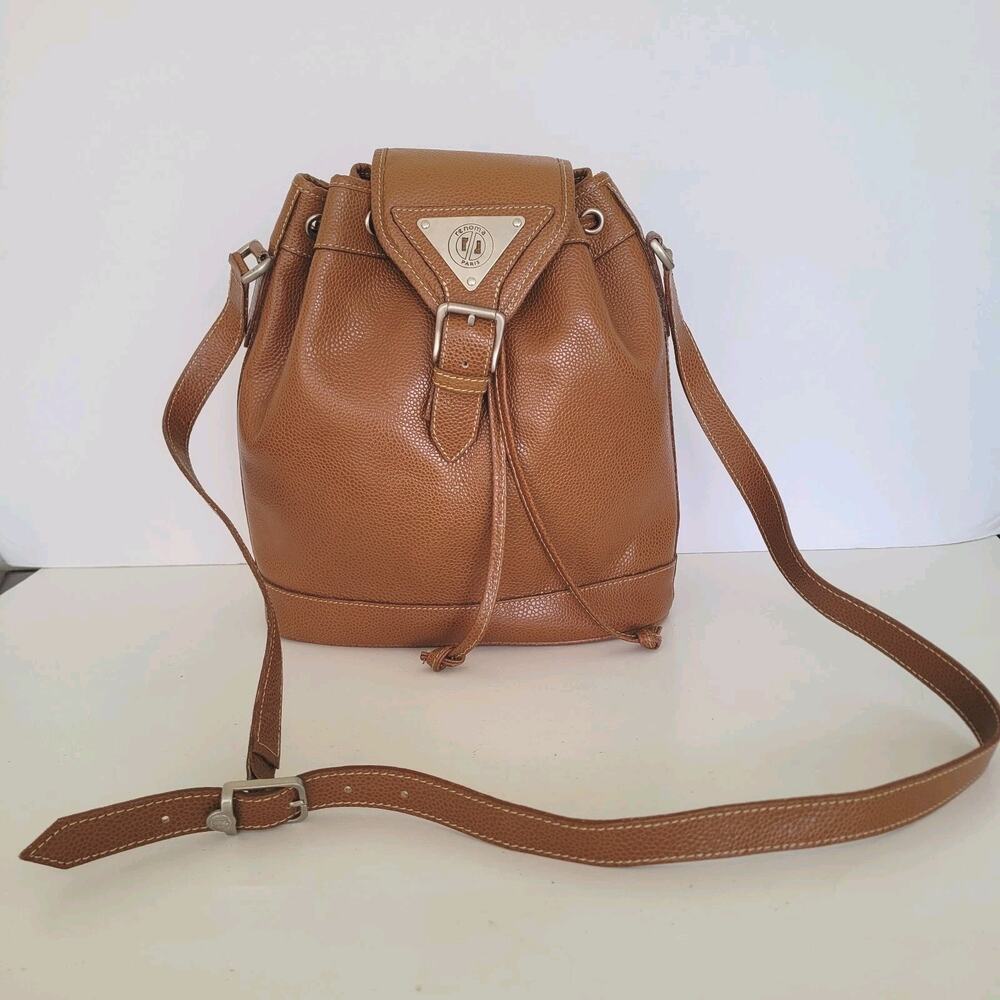 Renoma Paris Bucket Drawstring Purse Shoulder Bag Caviar Leather Brown Large